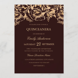  Goud Bourgondië Bloemen Quinceanera Invite Kaart