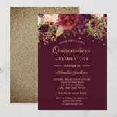 Goud Bourgondië Bloemen Waterverf Quinceanera Invi Kaart (Voorkant / Achterkant)