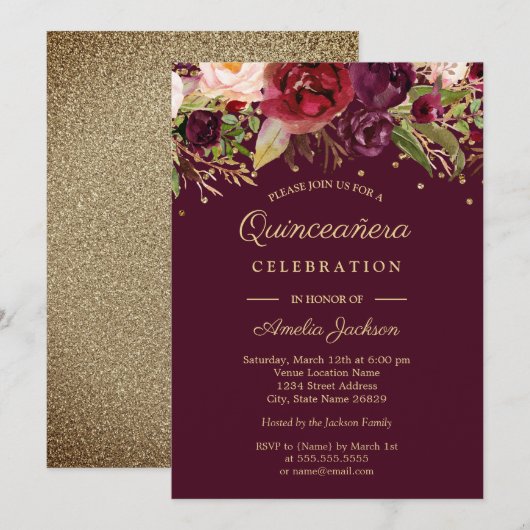 Goud Bourgondië Bloemen Waterverf Quinceanera Invi Kaart (Voorkant / Achterkant)
