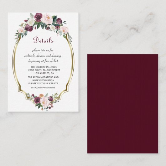 Goud Bourgondië Blush Bloemige Trouwdetails Informatiekaartje (Voorkant / Achterkant)