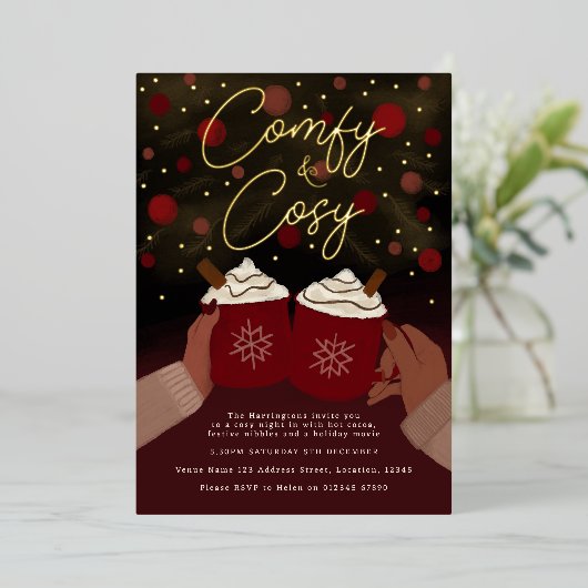 Goud Bourgondië Cozy Warme Chocolade Vakantie uitn Folie Uitnodiging (Staand Voorkant)