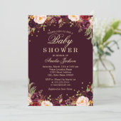 Goud Bourgondië Elegante Bloemige Baby Shower Kaart (Staand voorkant)