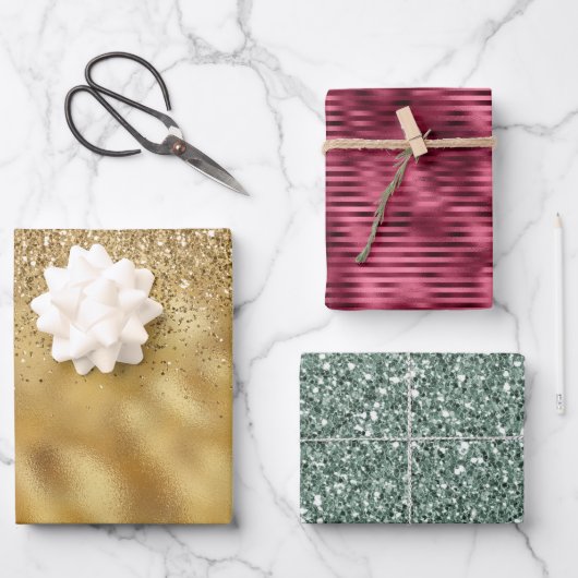 Goud Bourgondië Groen Glitter Glam Inpakpapier Vel (Voorkant)