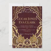 Goud Bourgondië Mehendi Henna Invitat Huwelijk Kaart (Voorkant)