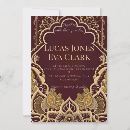 Goud Bourgondië Mehendi Henna Invitat Huwelijk Kaart (Voorkant)