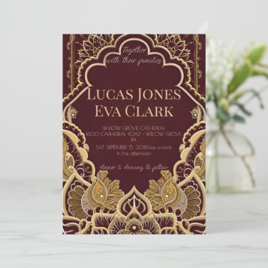 Goud Bourgondië Mehendi Henna Invitat Huwelijk Kaart (Staand voorkant)