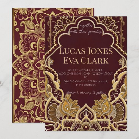Goud Bourgondië Mehendi Henna Invitat Huwelijk Kaart (Voorkant / Achterkant)
