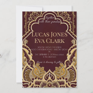 Goud Bourgondië Mehendi Henna Invitat Huwelijk Kaart
