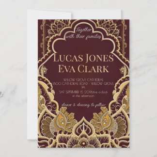 Goud Bourgondië Mehendi Henna Invitat Huwelijk Kaart
