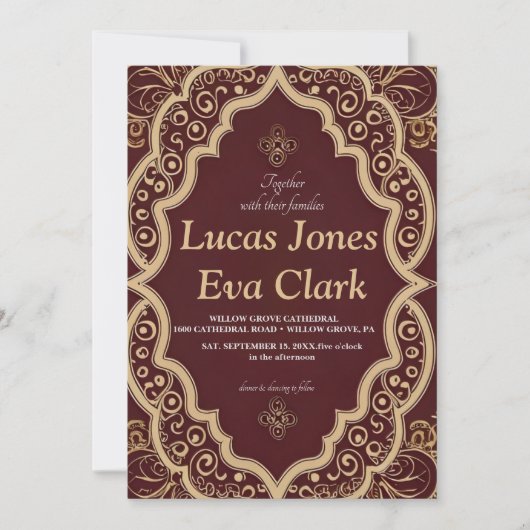 Goud Bourgondië Mehendi Henna Invitat Huwelijk Kaart (Voorkant)