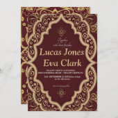 Goud Bourgondië Mehendi Henna Invitat Huwelijk Kaart (Voorkant / Achterkant)