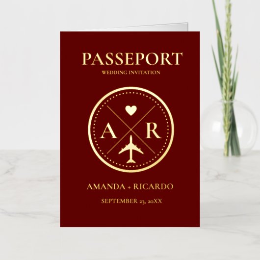 GOUD & Bourgondië Paspoort Foto Bruiloft Uitnodigi Folie Wenskaart (Voorkant)