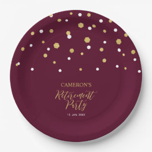 Goud & Bourgondië Rood Chic Confetti Pensioenfeest Papieren Bordje