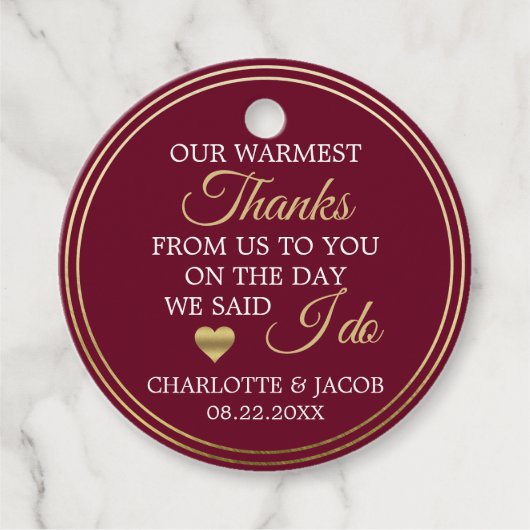 GOUD Bourgondische bruiloft hart warmste dank u Bedankjes Labels (Voorkant)