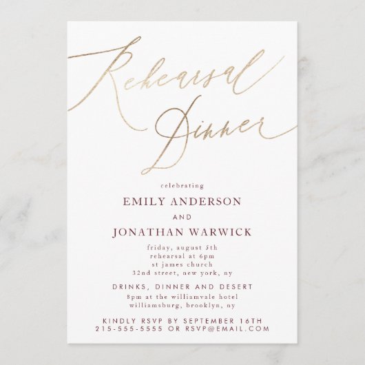 Goud & Bourgondische Herfst Kalligrafie Huwelijksr Kaart (Voorkant)