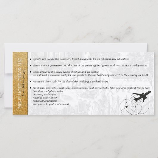 Goud Brazilië Bruiloft Boarding Pass uitnodiging (Achterkant)