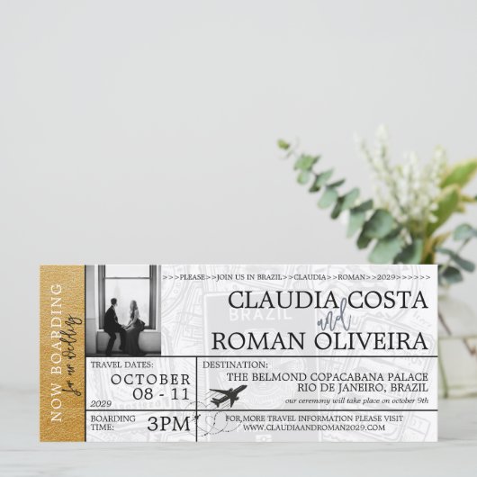 Goud Brazilië Bruiloft Boarding Pass uitnodiging (Staand voorkant)