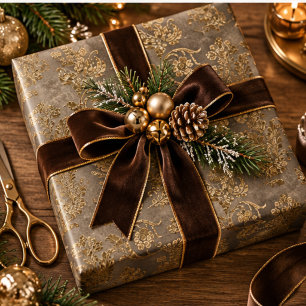 Goud & Brons Bruine Damast Nep Fluwelen Kerstmis Cadeaupapier