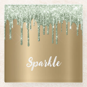 Goud Brons Mintgroene Glitter Druppels Glazen Onderzetter