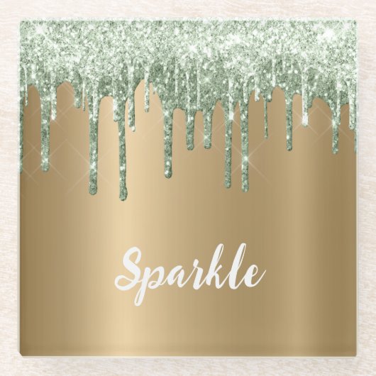 Goud Brons Mintgroene Glitter Druppels Glazen Onderzetter (Voorkant)