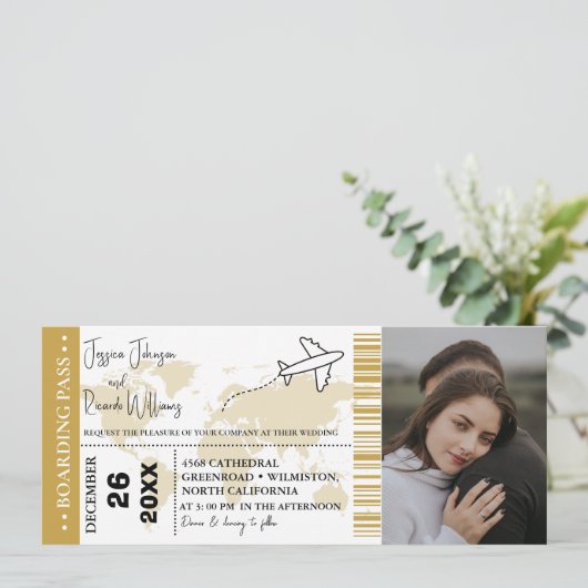 Goud Bruiloft uitnodiging Boarding pass ticket (Staand voorkant)