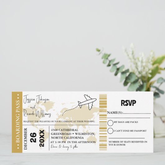 Goud Bruiloft uitnodiging Boarding pass ticket (Staand voorkant)