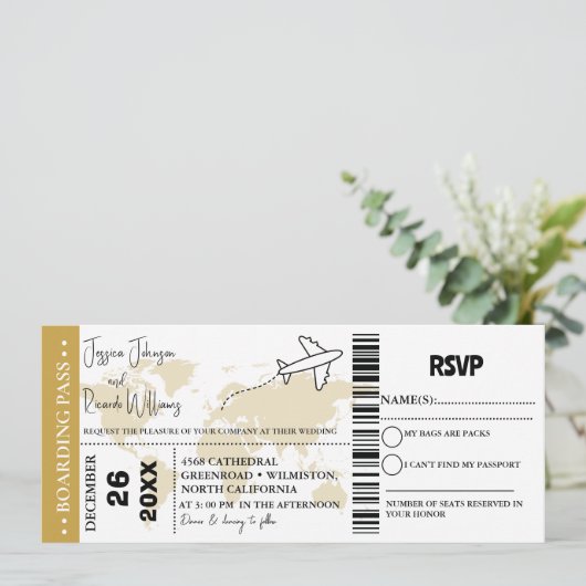 Goud Bruiloft uitnodiging Boarding pass ticket (Staand voorkant)