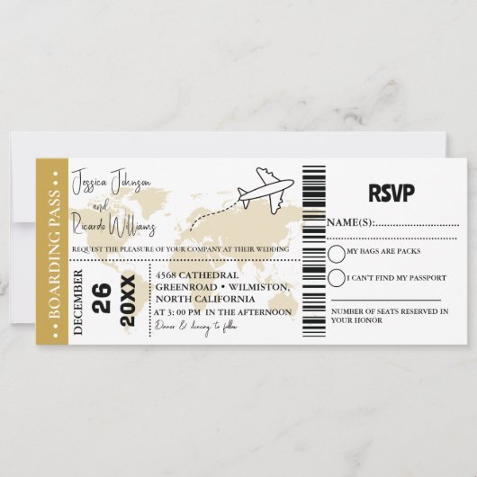 Goud Bruiloft uitnodiging Boarding pass ticket (Voorkant)