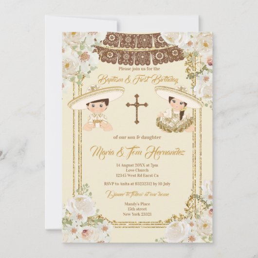 Goud Bruin Doop en Verjaardag Twin Fiesta Kaart (Voorkant)