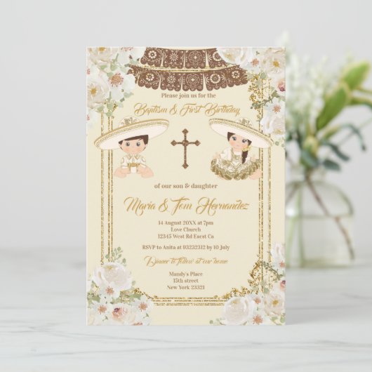 Goud Bruin Doop en Verjaardag Twin Fiesta Kaart (Staand voorkant)