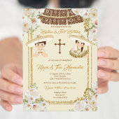 Goud Bruin Doop en Verjaardag Twin Fiesta Kaart