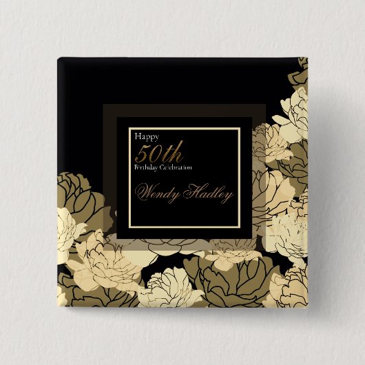 Goud, bruin en geel 50e verjaardag roos vierkante button 5,1 cm (Voorkant)