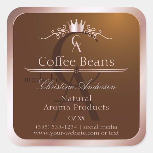 Goud Bruin Productlabel Rosegoud Frame Monogram Vierkante Sticker (Voorkant)