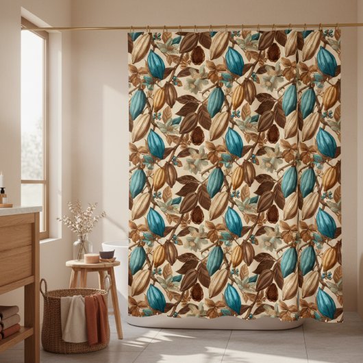 Goud Bruin Turquoise Cacao Botanisch Patroon Douchegordijn