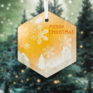 Goud Bruin Witte Sneeuw Huis Prettig Kerstfeest Gl Glas Ornament