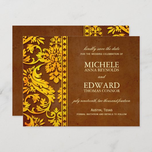  goud & bruine Damask kant sparen de Datum Save The Date (Voorkant / Achterkant)