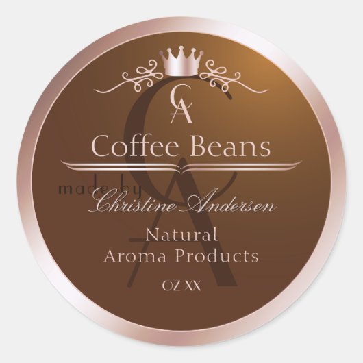 Goud Bruine Productlabel Rosegoud Frame Monogram Ronde Sticker (Voorkant)
