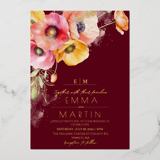 Goud & Burgundy Aquarel Klaprozen Bloem Bruiloft Folie Uitnodiging (Voorkant)