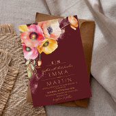 Goud & Burgundy Aquarel Klaprozen Bloem Bruiloft Folie Uitnodiging