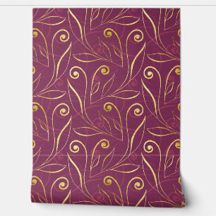 Goud & Burgundy Elegante Bladeren & Krullen Kla Behang
