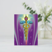 GOUD CADUCEUS MEDISCH SYMBOOL PAARSE FRACTALE GOLV BRIEFKAART (Staand voorkant)