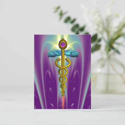 GOUD CADUCEUS MEDISCH SYMBOOL PAARSE FRACTALE GOLV BRIEFKAART (Staand voorkant)