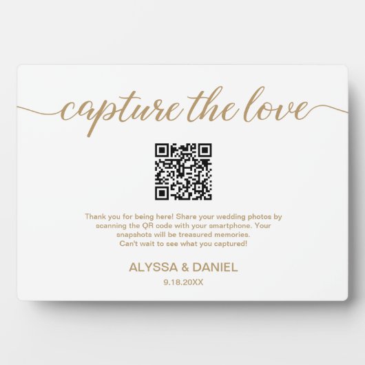 Goud Capture de liefde QR code bruiloft foto delen Fotoplaat (voorkant)