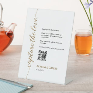Goud Capture de liefde QR code bruiloft foto delen Reclamebord Met Voetstuk