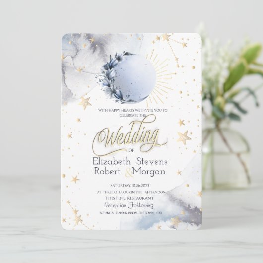 Goud Celestial Zon, Maan, Sterren Bruiloft Kaart (Staand voorkant)