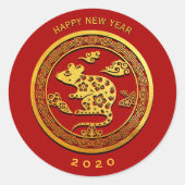Goud Chinees Rat Jaar met papiersnijden Kies kleur Ronde Sticker (Voorkant)
