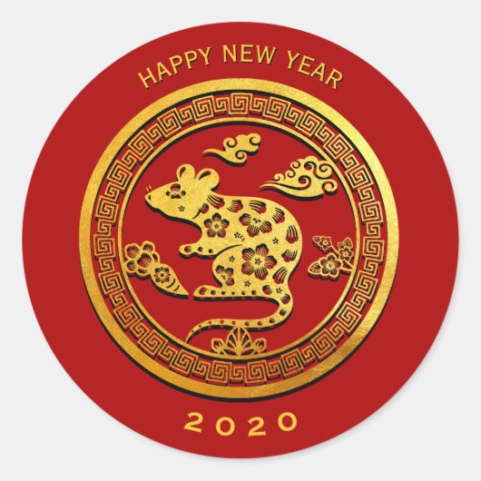 Goud Chinees Rat Jaar met papiersnijden Kies kleur Ronde Sticker (Voorkant)