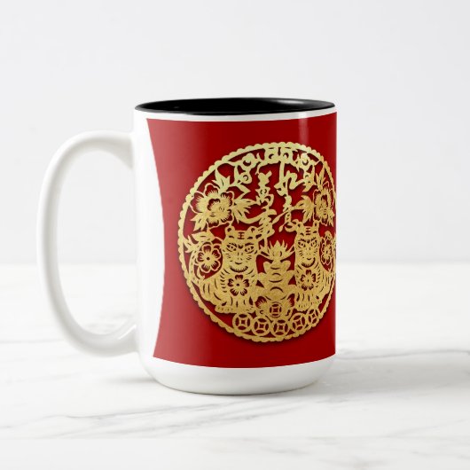 Goud Chinees tijdenjaar met papiersnijden Kies kle Tweekleurige Koffiemok (Links)