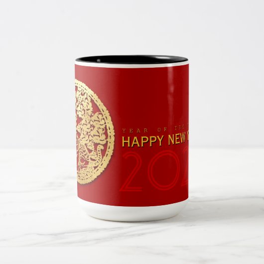 Goud Chinees tijdenjaar met papiersnit Kies kleur  Tweekleurige Koffiemok (Center)