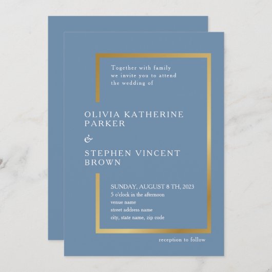 Goud chique lijst. Elegant stoffig blauw Bruiloft Kaart (Voorkant / Achterkant)